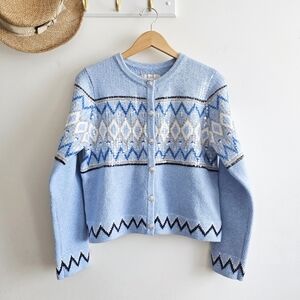 LOFT Sequin Fair Isle Sweater Jacket Sky Blue Heather Cardigan Buttons Front, L